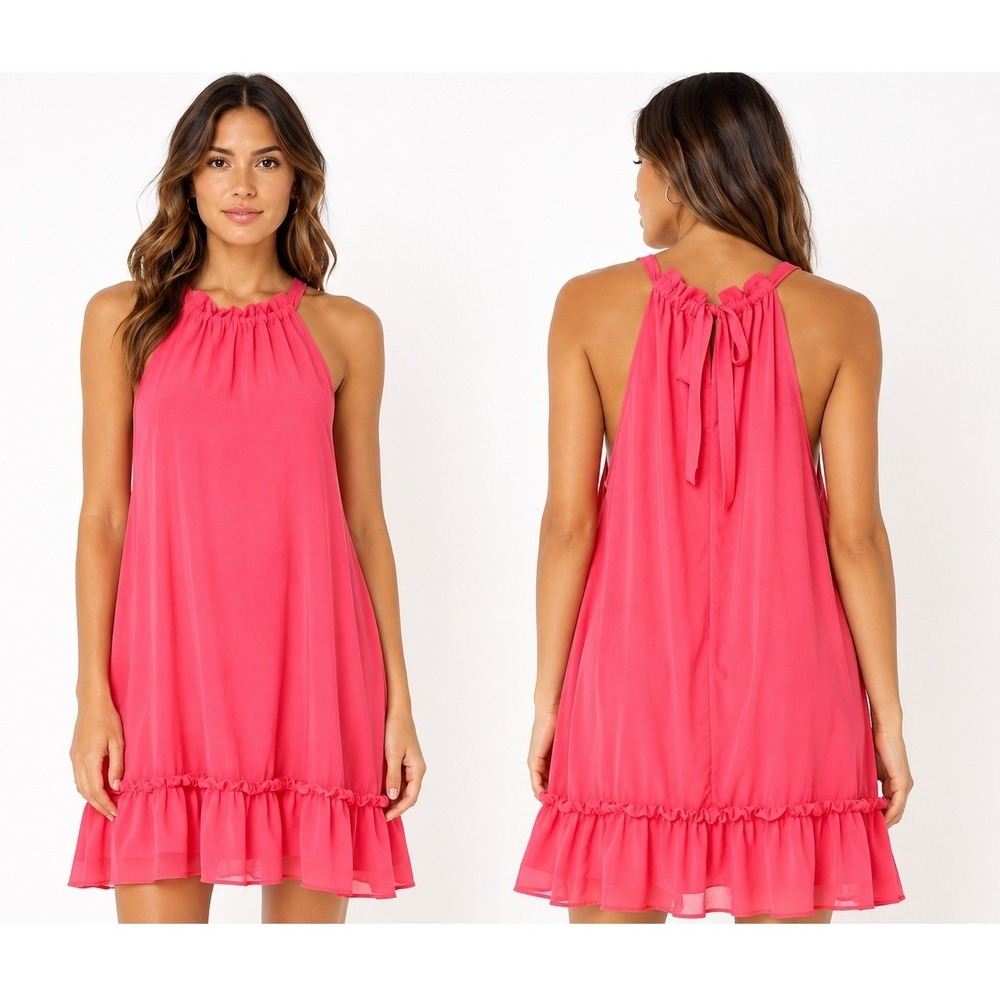 BCBG Paris Halter Dress Womens Large‎ Pink Ruffle Hem Chiffon Sleeveless Pockets
